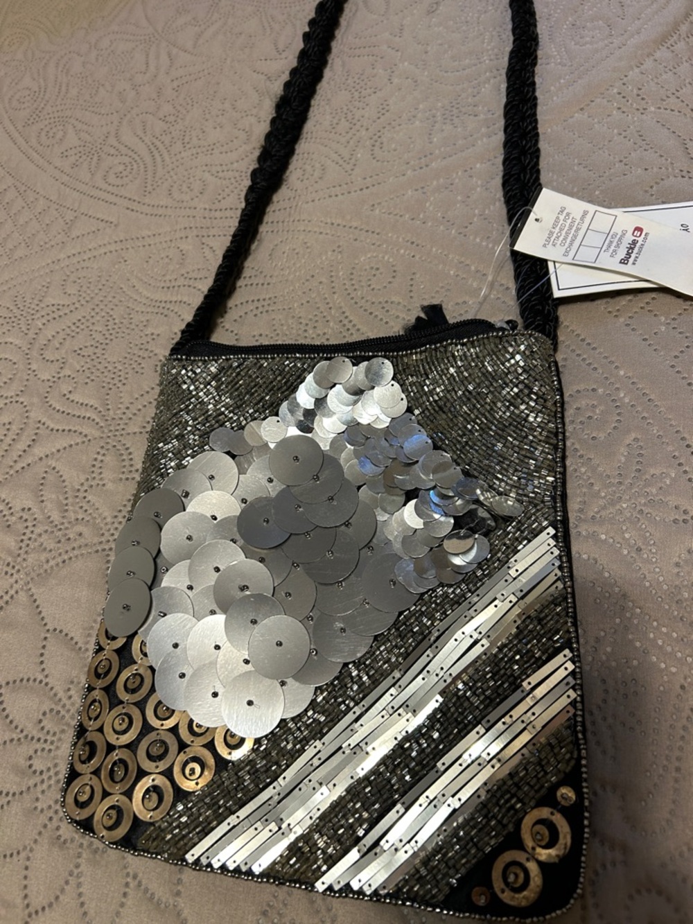 Sequined Silver Crossbody Bag with Decorative Beading by Buckle  NWT